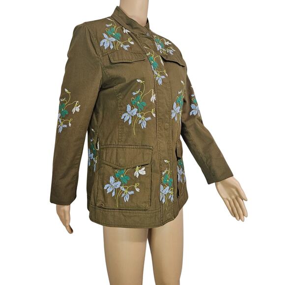 Olive Embroidered Floral Belted Zip Up Utility Standing Collar Jacket Size Med - Picture 8 of 10